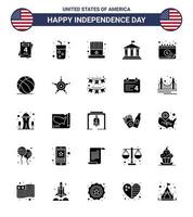 Set of 25 Vector Solid Glyph on 4th July USA Independence Day such as date american cap usa flag Editable USA Day Vector Design Elements