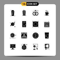 Pack of 16 creative Solid Glyphs of space planet diamond indian cup Editable Vector Design Elements