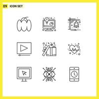 Modern Set of 9 Outlines and symbols such as christmas gift alarm project video Editable Vector Design Elements