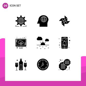Solid Glyph Pack of 9 Universal Symbols of weather cloud spring upload computer Editable Vector Design Elements