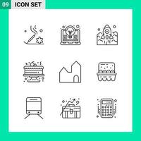 paquete de 9 iconos de estilo de línea establece símbolos de esquema para imprimir signos creativos aislados en fondo blanco 9 conjunto de iconos vector