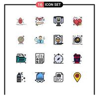 Mobile Interface Flat Color Filled Line Set of 16 Pictograms of archery heart love rate technology Editable Creative Vector Design Elements