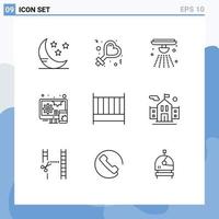 Group of 9 Outlines Signs and Symbols for school furniture bell bedroom responsive Editable Vector Design Elements