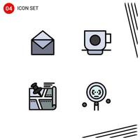 Mobile Interface Filledline Flat Color Set of 4 Pictograms of email route open cup pin Editable Vector Design Elements