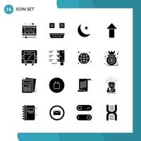 Vector Pack of 16 Glyph Symbols Solid Style Icon Set on White Background for Web and Mobile