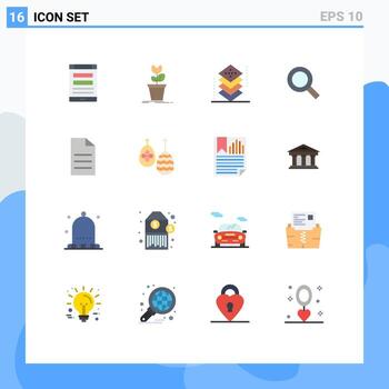 conjunto moderno de 16 colores planos pictograma de lupa de zoom desarrollo de programación de obstáculos paquete editable de elementos creativos de diseño de vectores