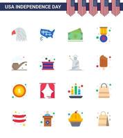 Pack of 16 USA Independence Day Celebration Flats Signs and 4th July Symbols such as smoke military dollar medal award Editable USA Day Vector Design Elements