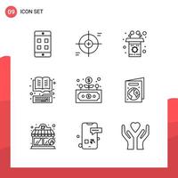 Pack of 9 Universal Outline Icons for Print Media on White Background vector