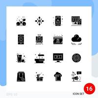 Mobile Interface Solid Glyph Set of 16 Pictograms of calculatre monitor hindu computer shopping Editable Vector Design Elements