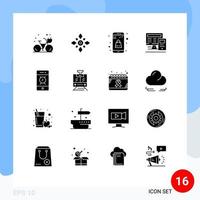 Mobile Interface Solid Glyph Set of 16 Pictograms of calculatre monitor hindu computer shopping Editable Vector Design Elements