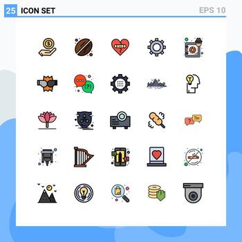 Modern Set of 25 Filled line Flat Colors Pictograph of hacker box emotions setting cogs Editable Vector Design Elements