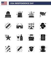 Set of 16 USA Day Icons American Symbols Independence Day Signs for hotdog america candle usa map Editable USA Day Vector Design Elements