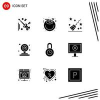 9 Thematic Vector Solid Glyphs and Editable Symbols of time lock broom muslim cctv Editable Vector Design Elements