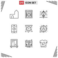 Pack of 9 Modern Outlines Signs and Symbols for Web Print Media such as video mobile notification eid decoration Editable Vector Design Elements