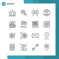 Vector Pack of 16 Outline Symbols Line Style Icon Set on White Background for Web and Mobile