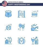 Pack of 9 USA Independence Day Celebration Blues Signs and 4th July Symbols such as celebrate usa festival entrance pumpkin meal Editable USA Day Vector Design Elements