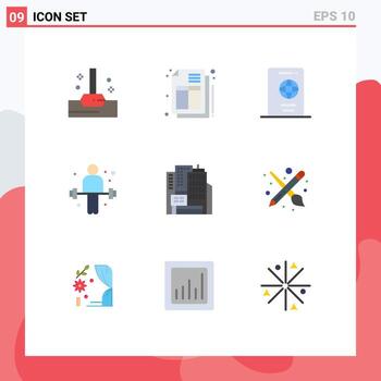 Editable Vector Line Pack of 9 Simple Flat Colors of construction architecture summer weightlifting exercise Editable Vector Design Elements