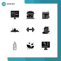 Universal Icon Symbols Group of 9 Modern Solid Glyphs of dumbbell nature shop hill mountain Editable Vector Design Elements