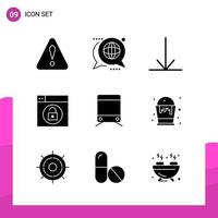 paquete de conjunto de iconos de glifo de 9 iconos sólidos aislados en fondo blanco para aplicaciones móviles y de impresión de diseño de sitios web receptivos vector