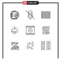 User Interface Pack of 9 Basic Outlines of video media candy light living Editable Vector Design Elements