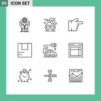 Group of 9 Modern Outlines Set for electric car transportation shield logistic box Editable Vector Design Elements