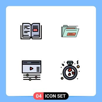 4 símbolos de signos de color plano de línea de relleno universal de texto de página de libro zip web elementos de diseño vectorial editables vector