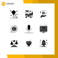 Mobile Interface Solid Glyph Set of 9 Pictograms of mic audio patient bed global global business Editable Vector Design Elements