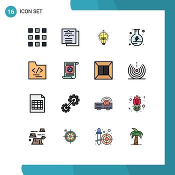 conjunto de pictogramas de 16 líneas simples llenas de colores planos de carpeta de negocios idea matraz energía elementos de diseño de vectores creativos editables