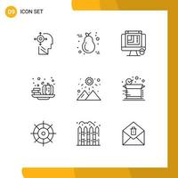 User Interface Pack of 9 Basic Outlines of sunrise pumpkin light halloween web layout Editable Vector Design Elements