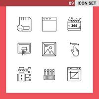 Universal Icon Symbols Group of 9 Modern Outlines of coding pole all court basket Editable Vector Design Elements