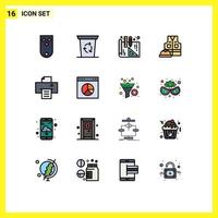 Universal Icon Symbols Group of 16 Modern Flat Color Filled Lines of business print blueprints device labor Editable Creative Vector Design Elements