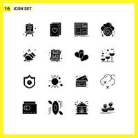 Group of 16 Modern Solid Glyphs Set for handshake agreement interface plus add Editable Vector Design Elements