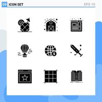 Set of 9 Vector Solid Glyphs on Grid for money globe browser world hot Editable Vector Design Elements