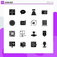 Set of 16 Commercial Solid Glyphs pack for badge camera bubble fathers day dad Editable Vector Design Elements