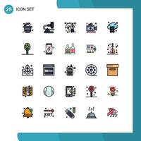 Group of 25 Modern Filled line Flat Colors Set for video camera microscope pencil drawing Editable Vector Design Elements