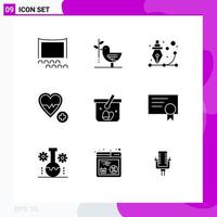 9 Thematic Vector Solid Glyphs and Editable Symbols of beat love pacifism medical pen Editable Vector Design Elements