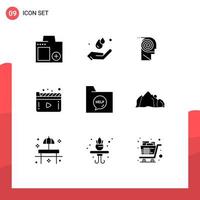 User Interface Pack of 9 Basic Solid Glyphs of play movie hand media learning Editable Vector Design Elements