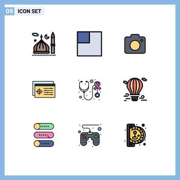 paquete de línea de vector editable de 9 colores planos de línea rellena simple de controlador de objeto de imagen de salud de conciencia elementos de diseño de vector editable