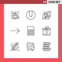 User Interface Pack of 9 Basic Outlines of sim mobile baseball player card arrow Editable Vector Design Elements