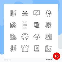 Modern Set of 16 Outlines Pictograph of eco pc desk imac monitor Editable Vector Design Elements