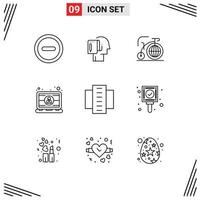 Pack of 9 Modern Outlines Signs and Symbols for Web Print Media such as apartments laptop big engineer computer Editable Vector Design Elements