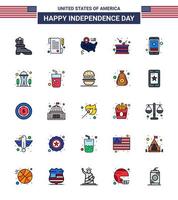 Modern Set of 25 Flat Filled Lines and symbols on USA Independence Day such as mobile star american cell independence Editable USA Day Vector Design Elements