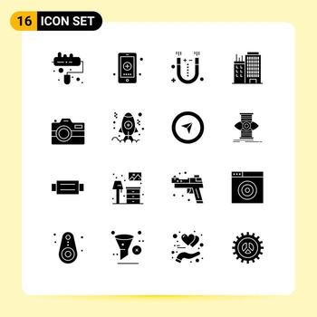 User Interface Pack of 16 Basic Solid Glyphs of capture real attraction office building Editable Vector Design Elements