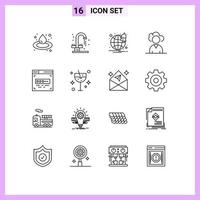 Group of 16 Outlines Signs and Symbols for drink front end development notification coder person Editable Vector Design Elements