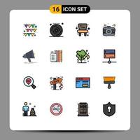 Pictogram Set of 16 Simple Flat Color Filled Lines of media digital chair bullhorn photography Editable Creative Vector Design Elements