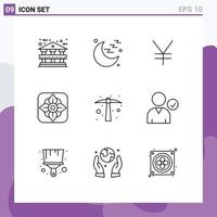 Group of 9 Outlines Signs and Symbols for complete tool yuan job hard work Editable Vector Design Elements