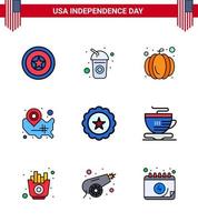 9 USA Flat Filled Line Pack of Independence Day Signs and Symbols of drink location pin american wisconsin states Editable USA Day Vector Design Elements