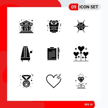 9 User Interface Solid Glyph Pack of modern Signs and Symbols of clipboard document network sound metronome Editable Vector Design Elements