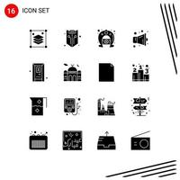 Editable Vector Line Pack of 16 Simple Solid Glyphs of door speaker web multimedia horseshoe Editable Vector Design Elements