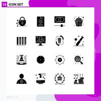 Set of 16 Modern UI Icons Symbols Signs for hot battery cash muffin cake Editable Vector Design Elements